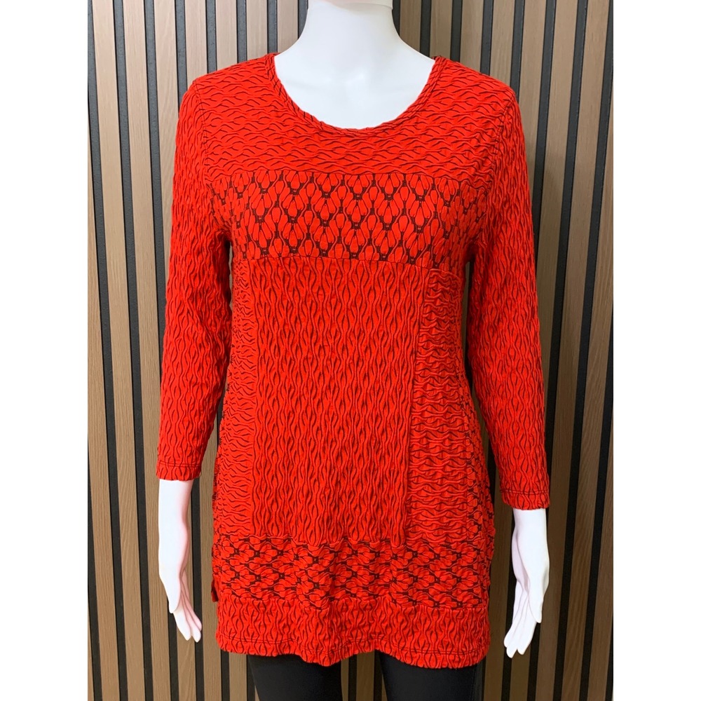 Ali Miles Red Black Textured Crinkle Tunic Top 3/4 Sleeve S Lagenlook Artsy